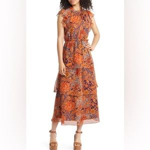 Julia Jordan Floral Tiered Flutter Sleeve Midi Dress In Brown Multi